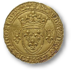 return button - image of a golden coin with fleur-de-lys
